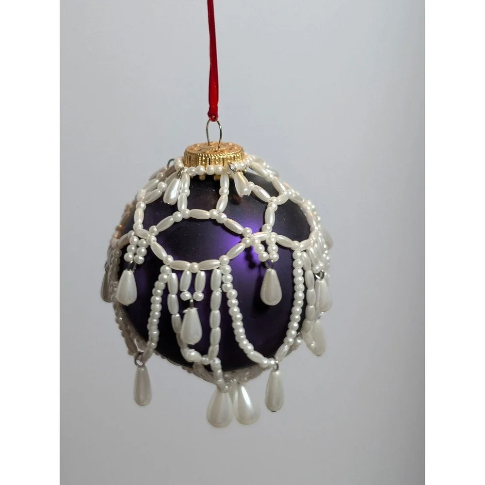 Vintage Krebs Purple Glass Christmas Ornament White Faux Pearl Beaded Overlay